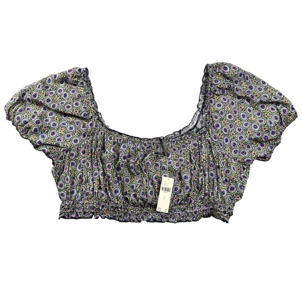 Anthropologie Smocked Crop Top Turquoise Multi Medallion Print Size L NEW